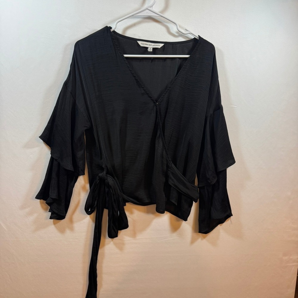 Cupcakes and Cashmere Black Wrap Blouse Ruffle Tiered Bell Sleeve V-Neck Size M